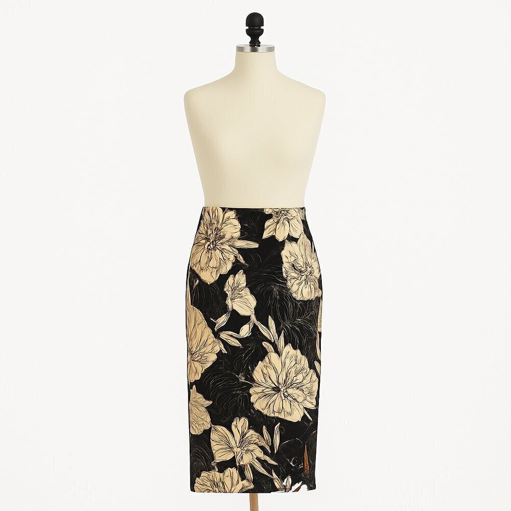 Ranna Gill Pencil Slit Skirt Stretch Satin Black Petunia Print Size Small NWT